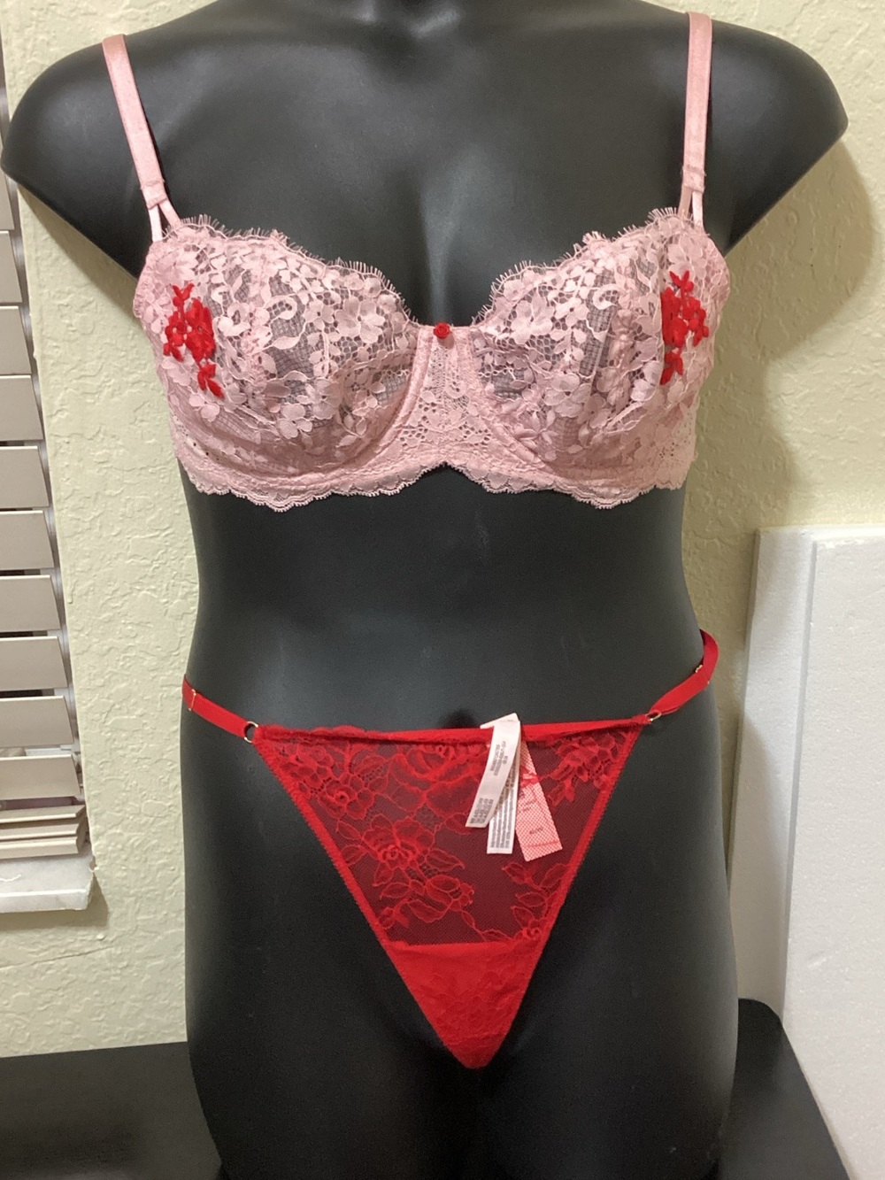 Victoria's Secret Pink Lace Bra with Red Lace Thong